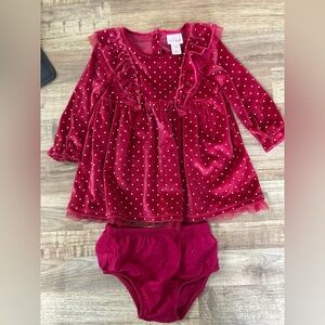 Cat & Jack Red Velvet Polka Dot Baby Dress Set 6-9 Months Christmas